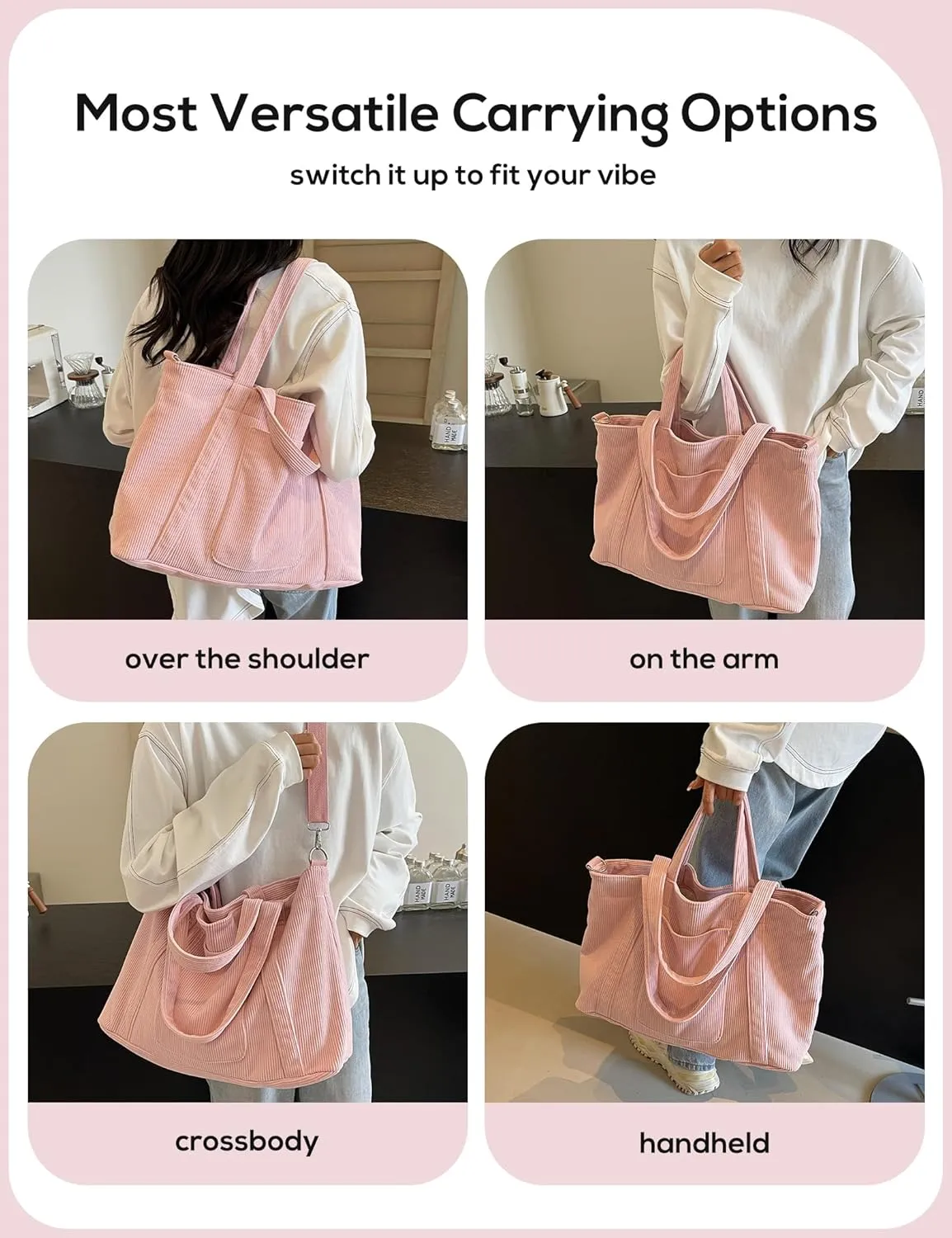 METALPHA Tote Bag for Women, Large Work Corduroy Tote Bags Zippered Messenger Travel Bag Shoulder Crossbody Hobo Handbags