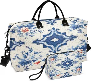 Mexican Style Ceramic Tiles Travel Duffel Bag for Women Weekend Overnight Dag with Toiletry Bag, Luggage Bag for Travel, Sport, Gym