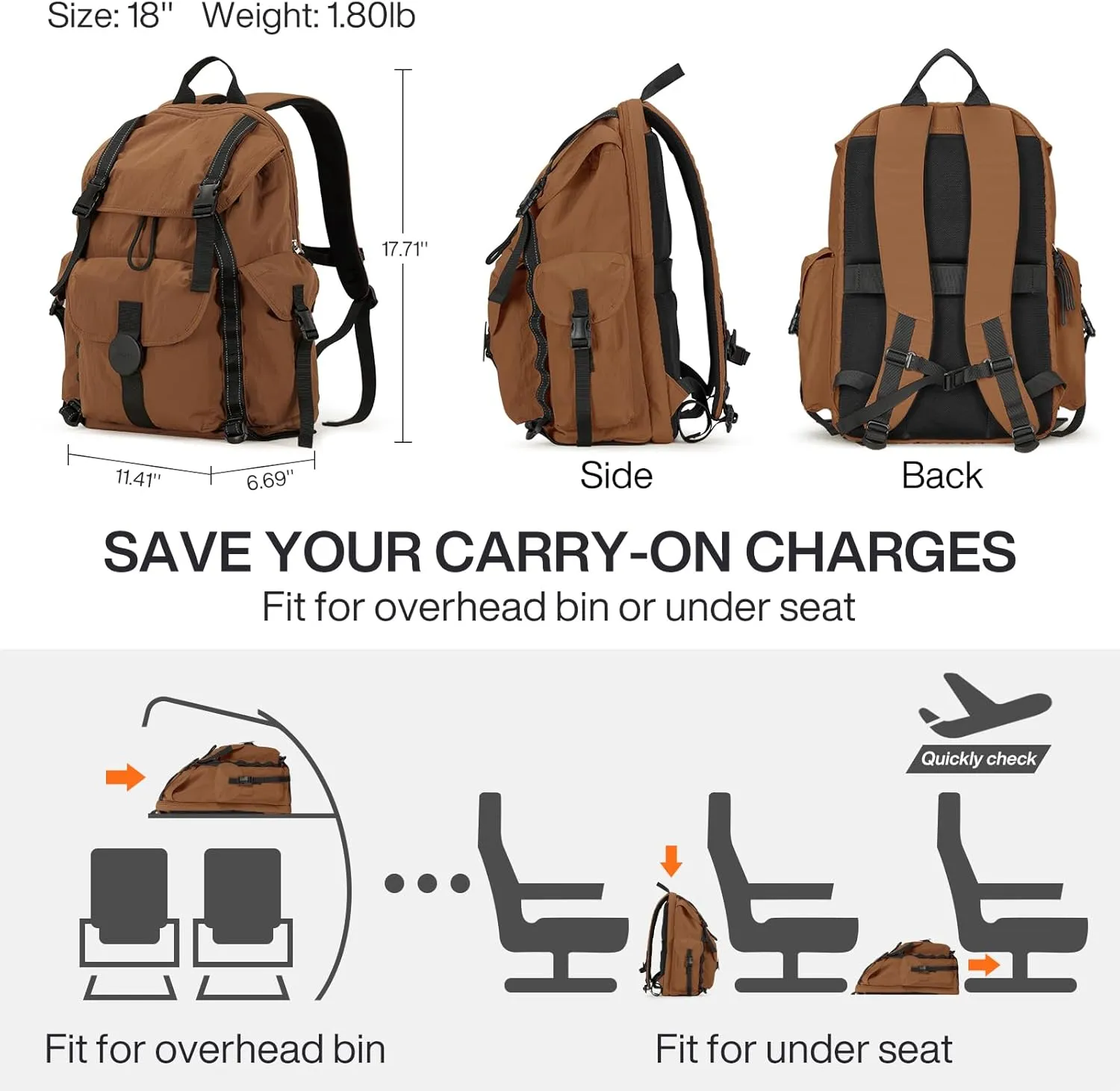 mixi Travel Backpack for Women Men, 18 Inch Carry On Laptop Backpack Flight Approved fits 16'' Laptop, Lightweight Waterproof Hiking Backpack Travel Outdoor Business Casual Daypack, Brown