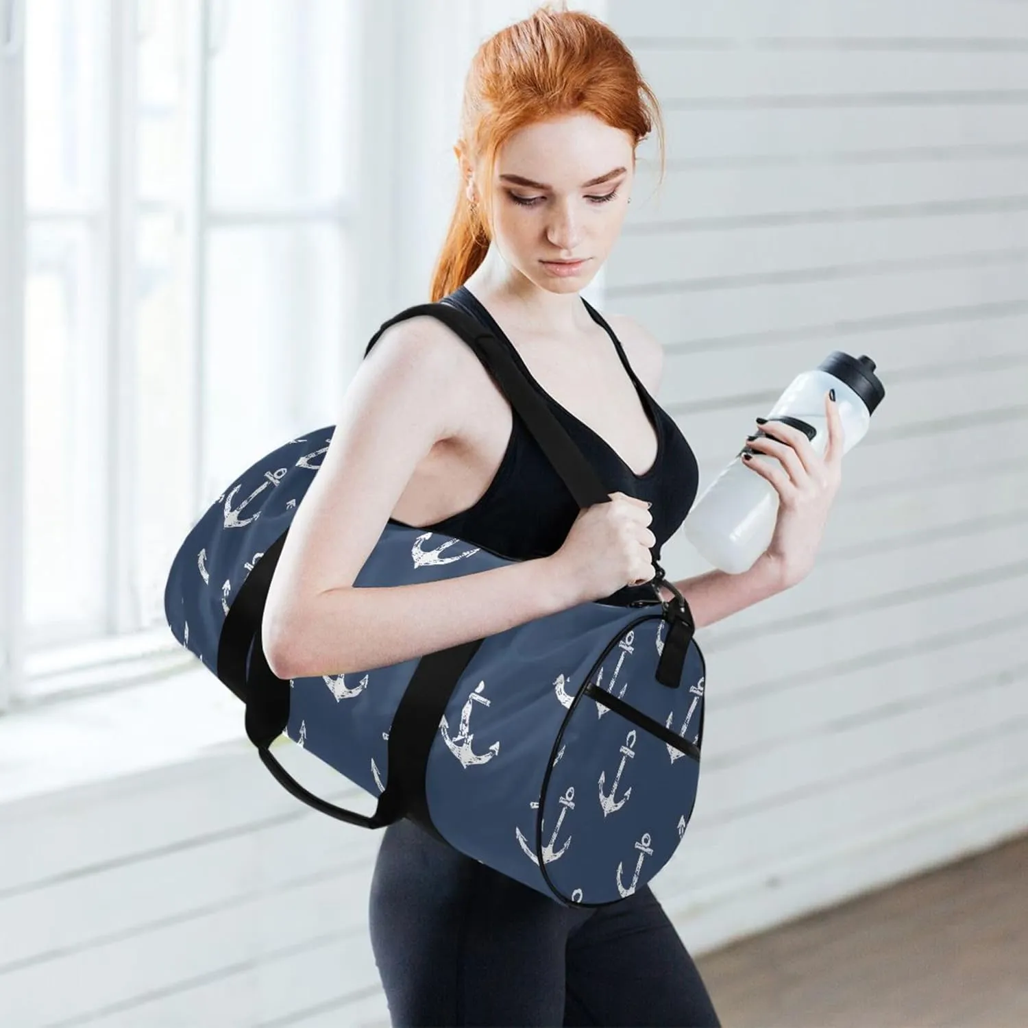 MNSRUU Sports Duffel Bags, Hand Drawn Anchors on Dark Athletic Gym Bag Overnight Workout Travel Tote Luggage for Men Women Yoga