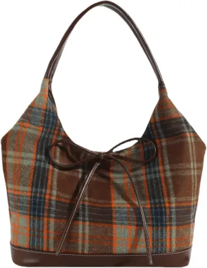 Molodo Plaid Hobo Bag for Women with Bowknot Classic Large Tote Bag Shoulder Bag Purses Stylish Bow Underarm Handbag