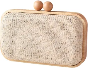 Molodo Straw Clutch for Women Small Wooden Purses Handbag Crossbody Shoulder Bag for Beach Summer Travel