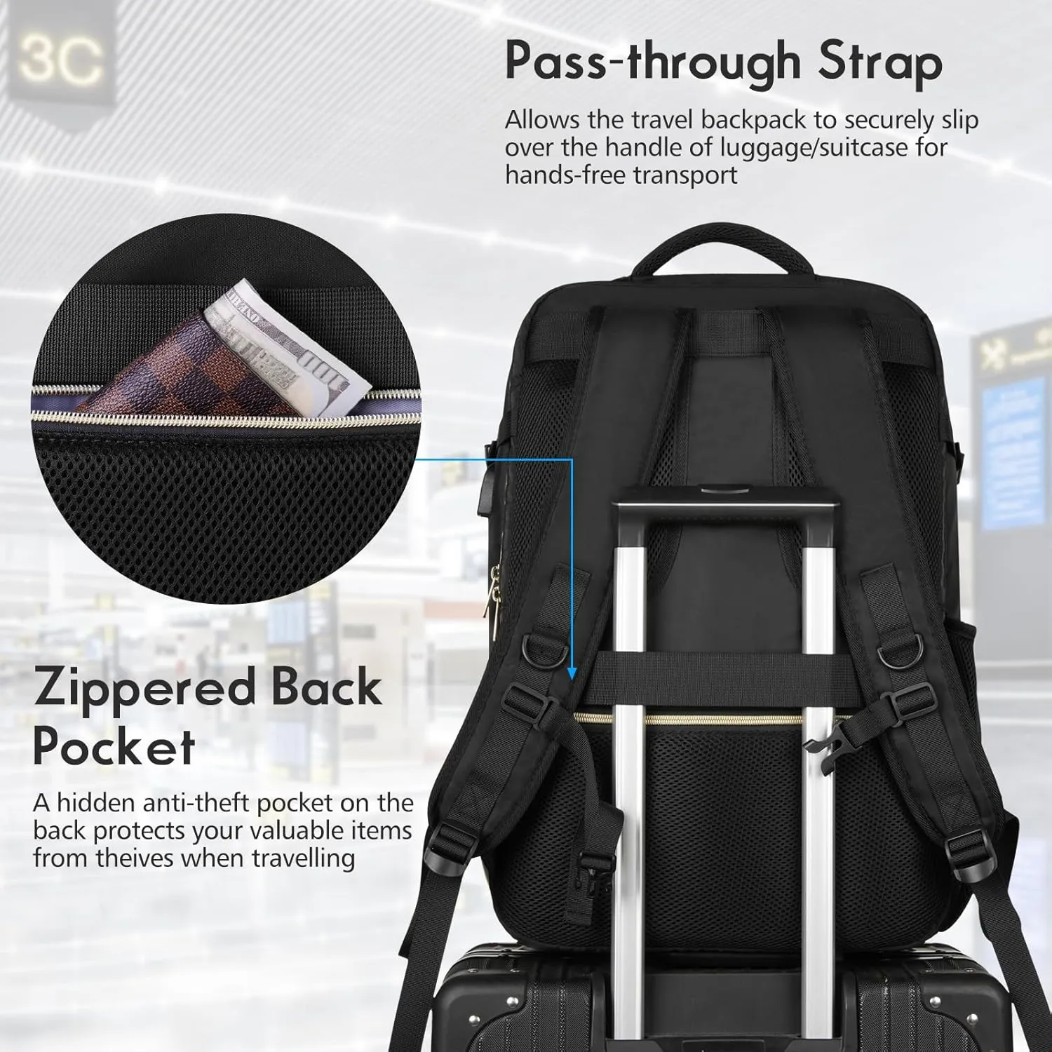 MOMUVO Large Travel Backpack Women, Flight Approved Carry On Backpack with 3 Packing Cubes, Water Resistant Anti-Theft Large School Bag Fit 18.4 Inch Laptop with USB Charging Port, Black