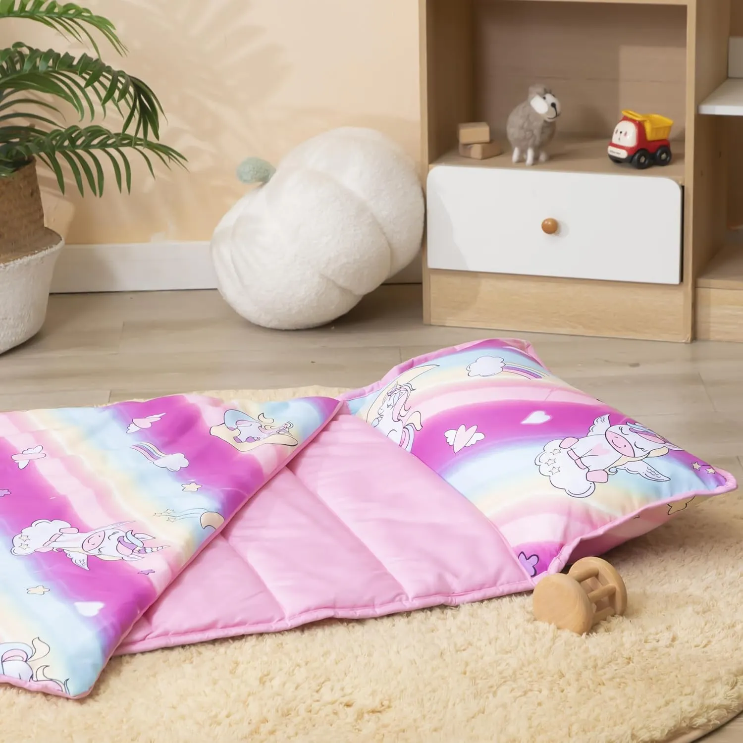 MORAIS Toddler Nap Mat with Removable Pillow and Blanket, 52" x 20" Lightweight and Soft Nap Mat for Preschool, Daycare, Travel Sleeping Bags for Kids