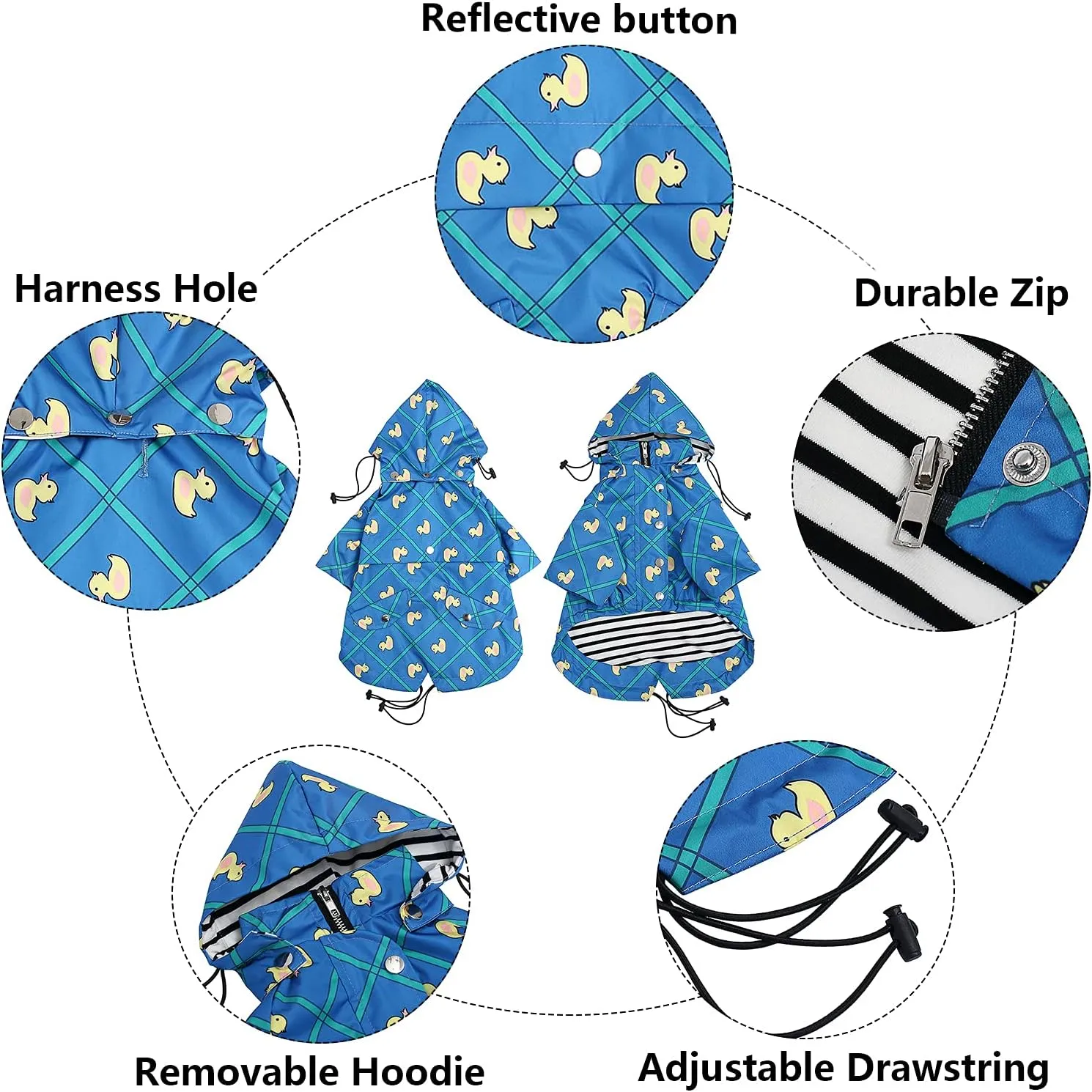 Morezi Dog Zip Up Raincoat with Reflective Buttons, Rain/Water Resistant, Adjustable Drawstring, Removable Hood, Raincoats with Legs 8lbs to 80lbs Available - Grid Blue - XL