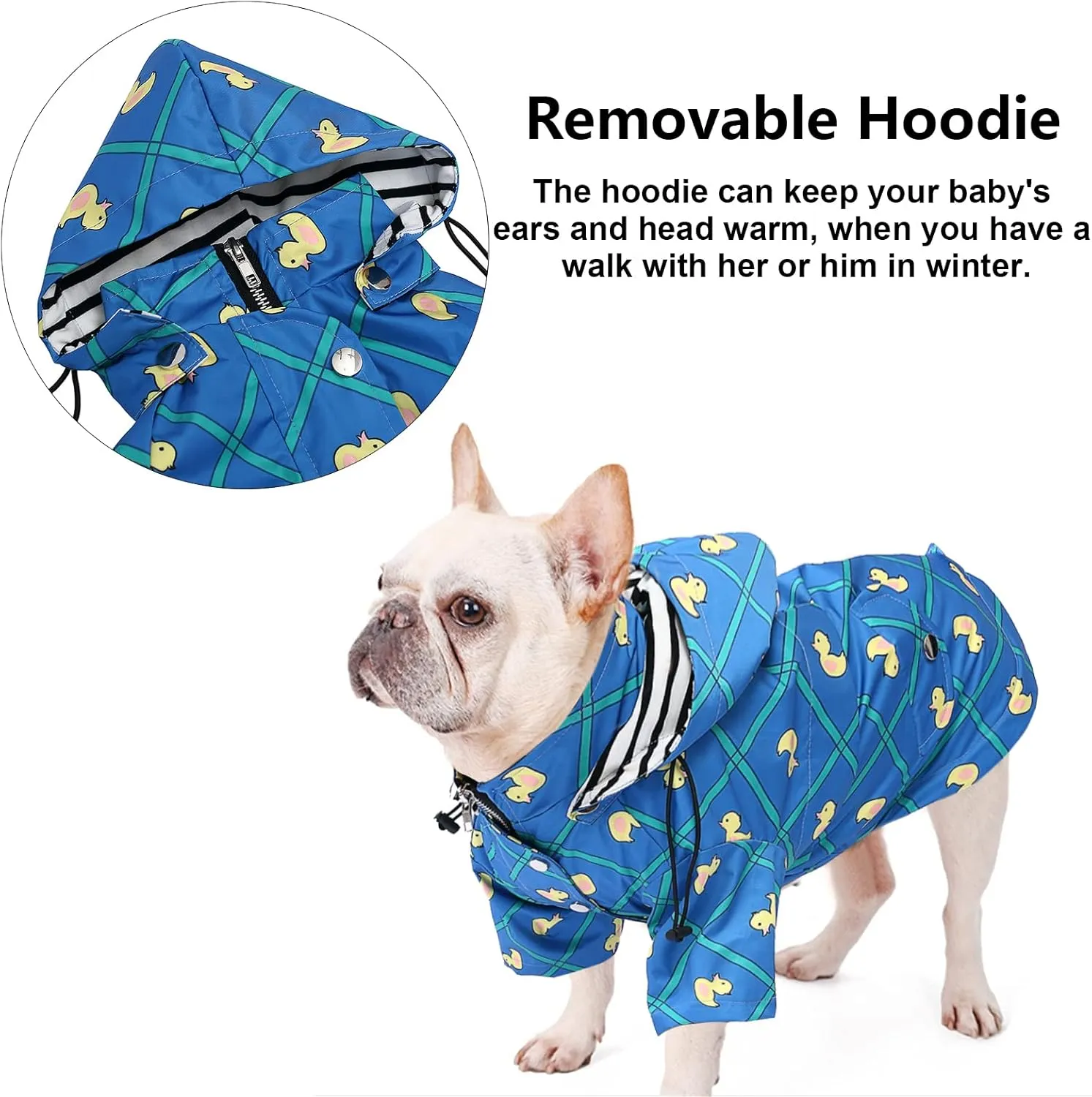 Morezi Dog Zip Up Raincoat with Reflective Buttons, Rain/Water Resistant, Adjustable Drawstring, Removable Hood, Raincoats with Legs 8lbs to 80lbs Available - Grid Blue - XL
