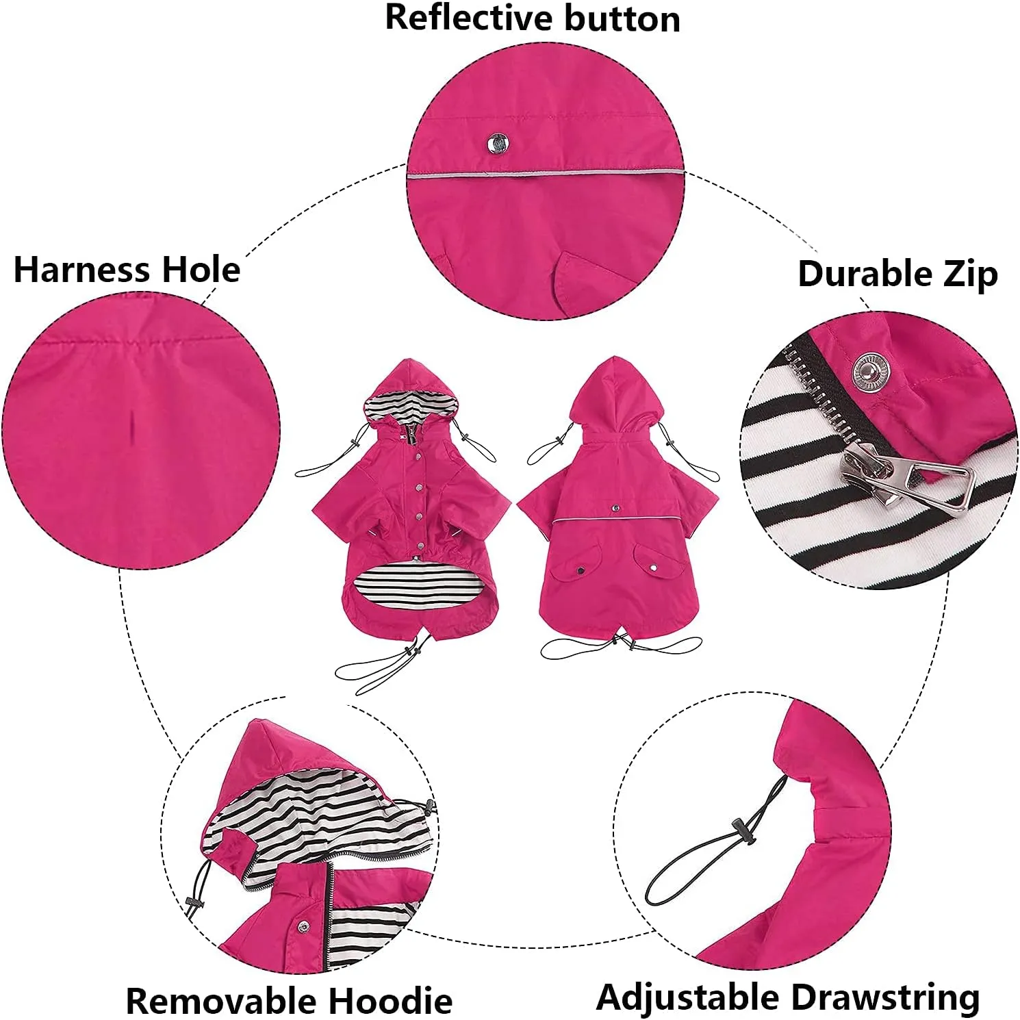 Morezi Dog Zip Up Raincoat with Reflective Buttons, Rain/Water Resistant, Adjustable Drawstring, Removable Hood, Raincoats with Legs 8lbs to 80lbs Available - Pink - XL