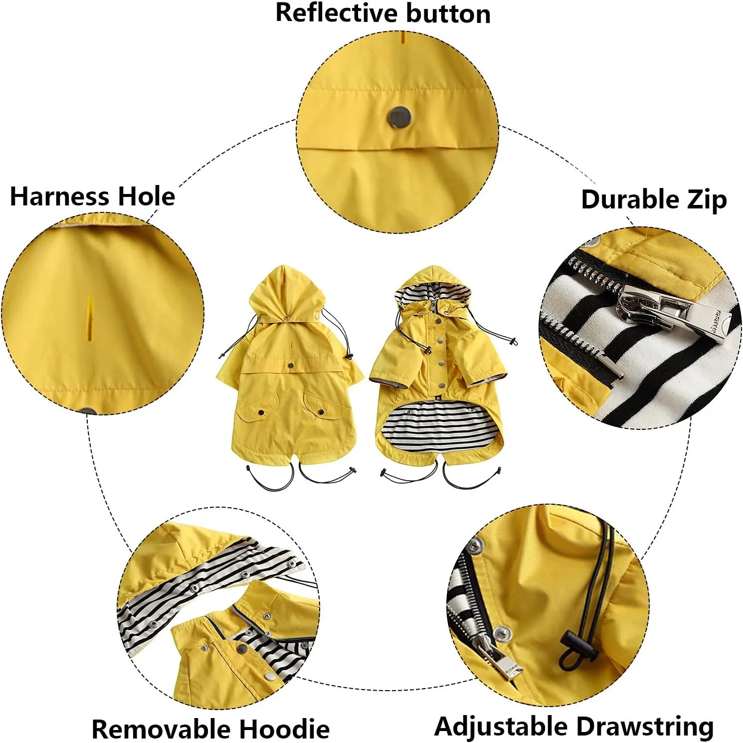 Morezi Dog Zip Up Raincoat with Reflective Buttons, Rain/Water Resistant, Adjustable Drawstring, Removable Hood, Raincoats with Legs 8lbs to 80lbs Available - Yellow - XL