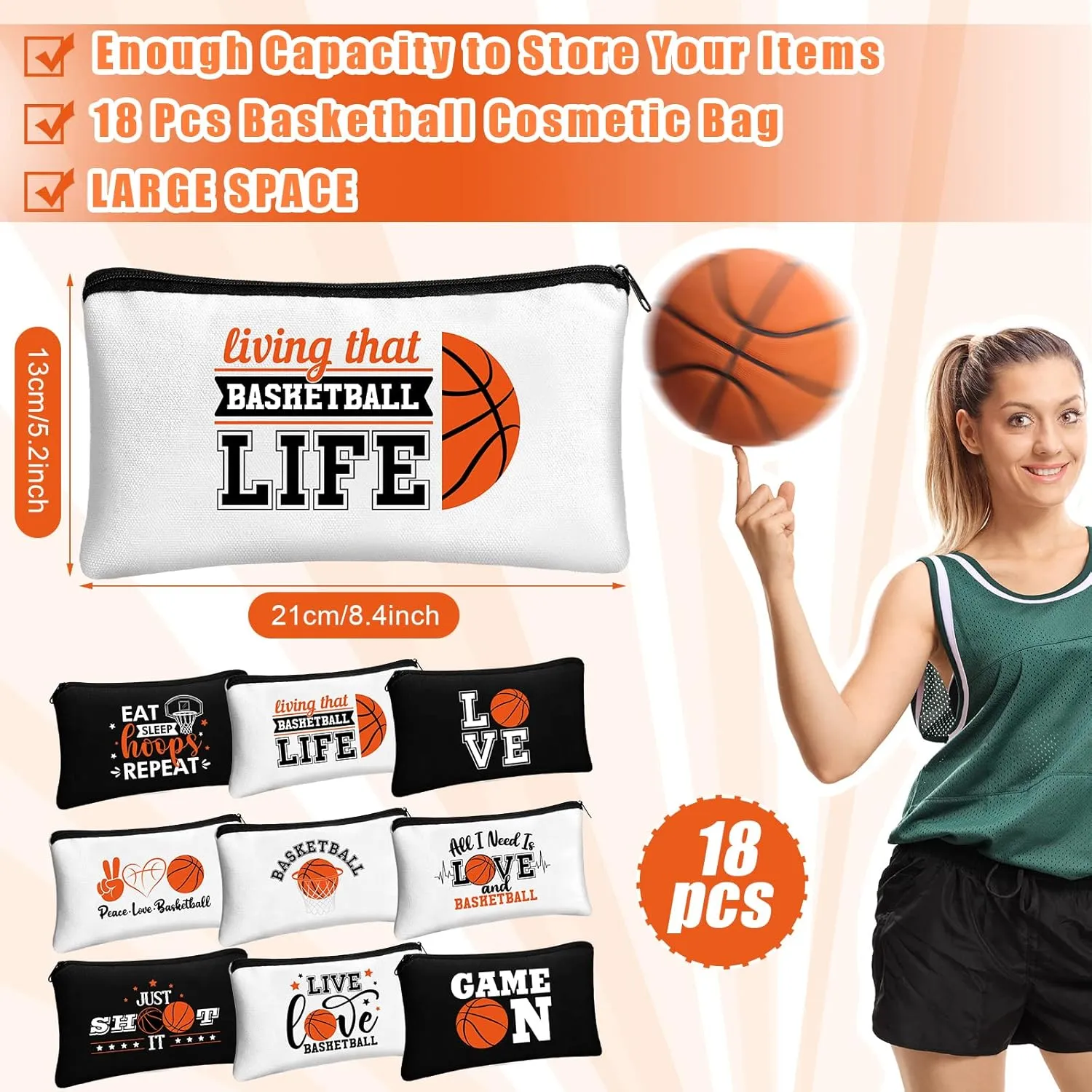 Moukeren 18 Pcs Basketball Gifts Basketball Makeup Bag Accessories Funny Travel Bags for Teen Cosmetic Zipper Pouch for Team Players Lover, 8.27 x 5.12 Inch