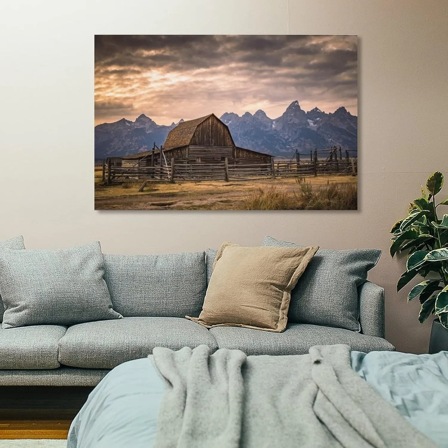 Moulton Barn Wall Art Grand Teton Rustic Landscape Wall Art Nature Art Decor Canvas Posters Prints Picture for Living Room Bedroom Office Kitchen Decor 16x24inch(40x60cm) Unframe-Style