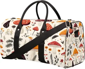 Mushroom Fern Leaves Travel Duffel Bag, Autumn Mushroom Leaves Sports Gym Bag, Foldable Weekender Overnight Tote Bag Carry on Luggage Handbag for Yoga Workout