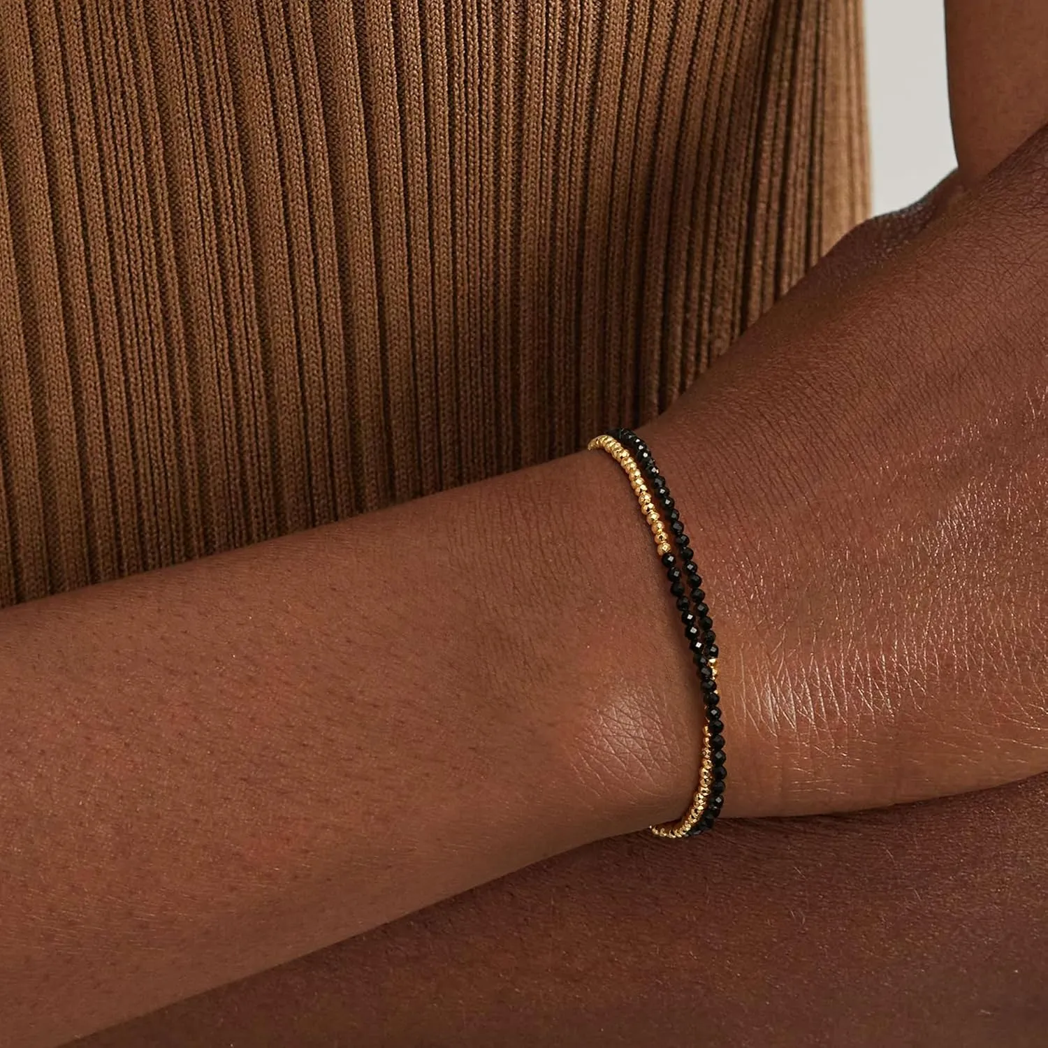 MYEARS Women Beaded Bracelet Gold Double Layer Gemstone 14K Simple Dainty Handmade Chain Everyday Boho Beach Jewelry