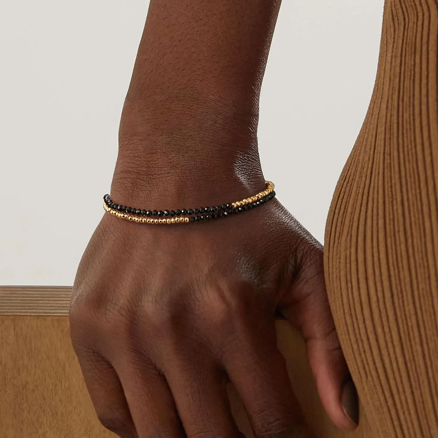 MYEARS Women Beaded Bracelet Gold Double Layer Gemstone 14K Simple Dainty Handmade Chain Everyday Boho Beach Jewelry