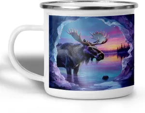 Mystical Moose Camping Mug, 12oz Coffee Mug Majestic Wildlife in Frozen Cave with Sunset Lake, Nature Adventure Gift, Enamel Campfire Cup