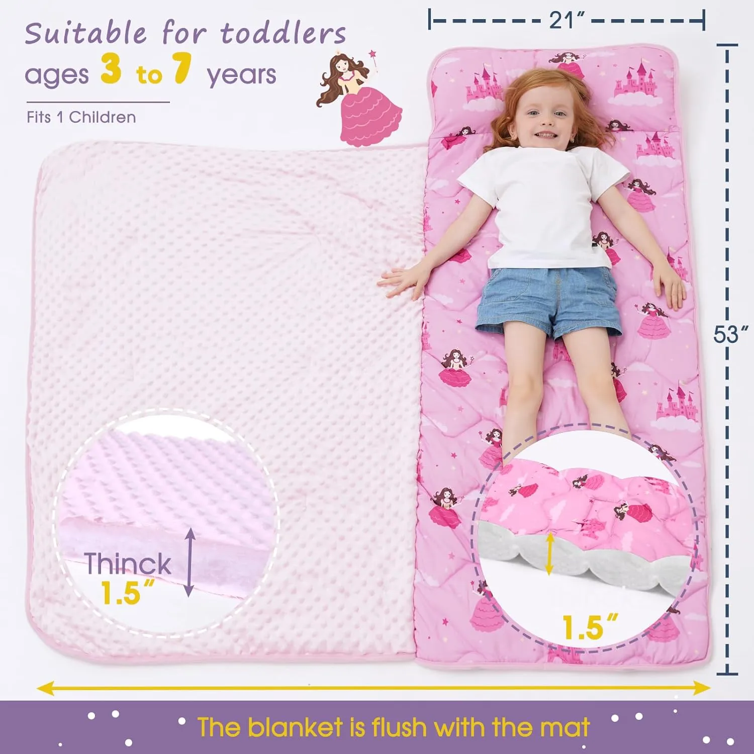 Nap Mat with Pillow Blanket Set: Sleeping Mats for Toddler Kids - Thick Large Roll up Slumber Bag for Daycare Preschool Kindergarten Boys Girls