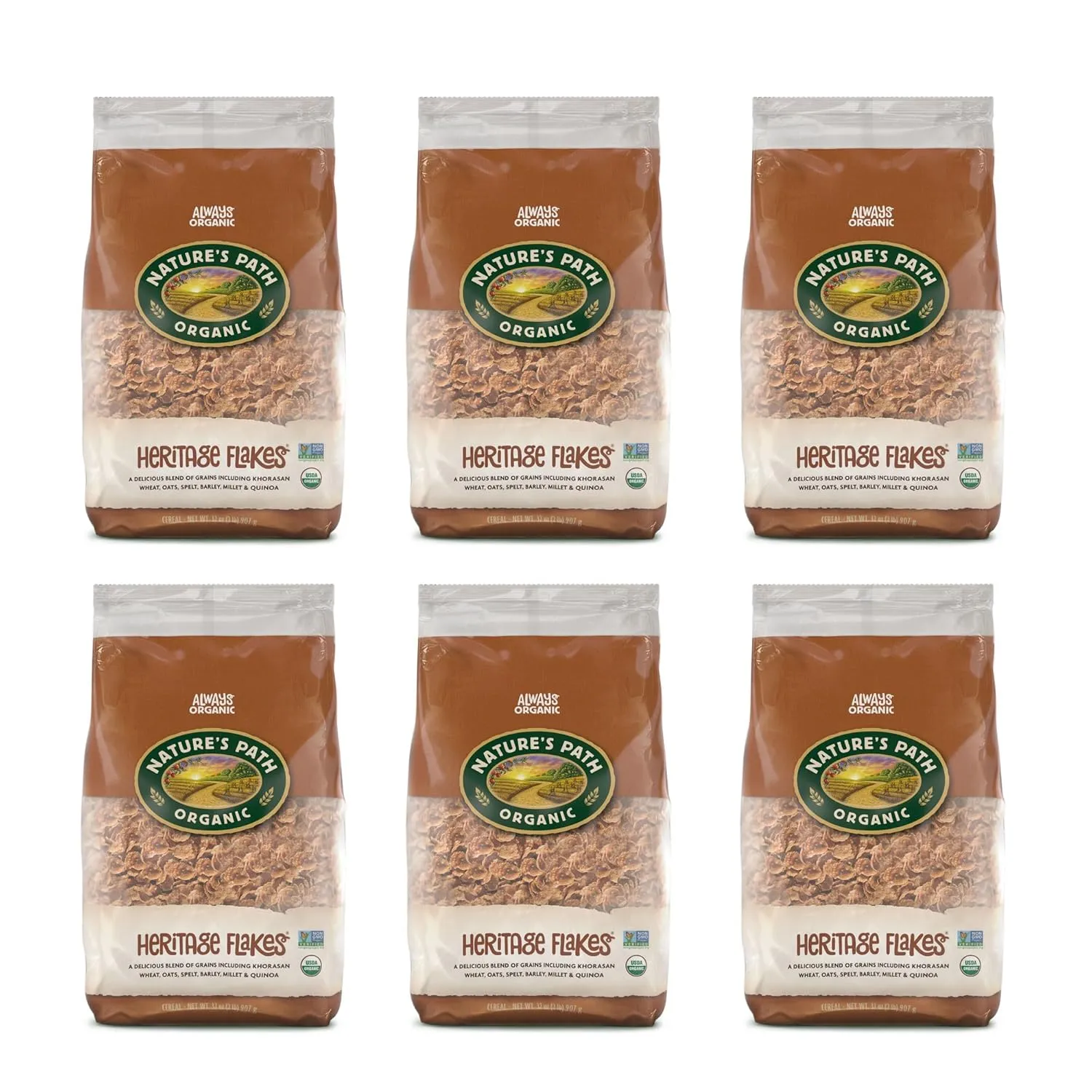 Nature's Path Organic Heritage Flakes® Cereal, 32 oz (Pack of 6), Non-GMO, Earth Friendly Packaging