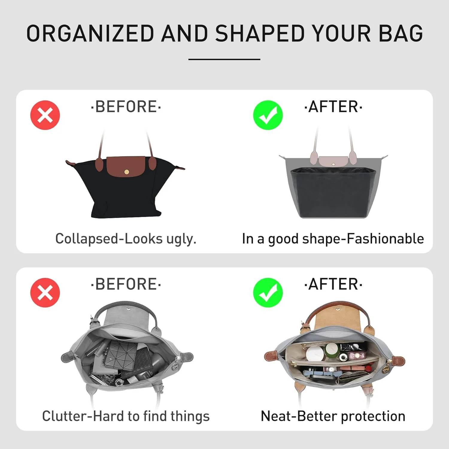 New DupontPaper Purse Organizer Insert Compatible with Longchamp Le Pliage Large Tote Handbag Insert (Full Black, Large)