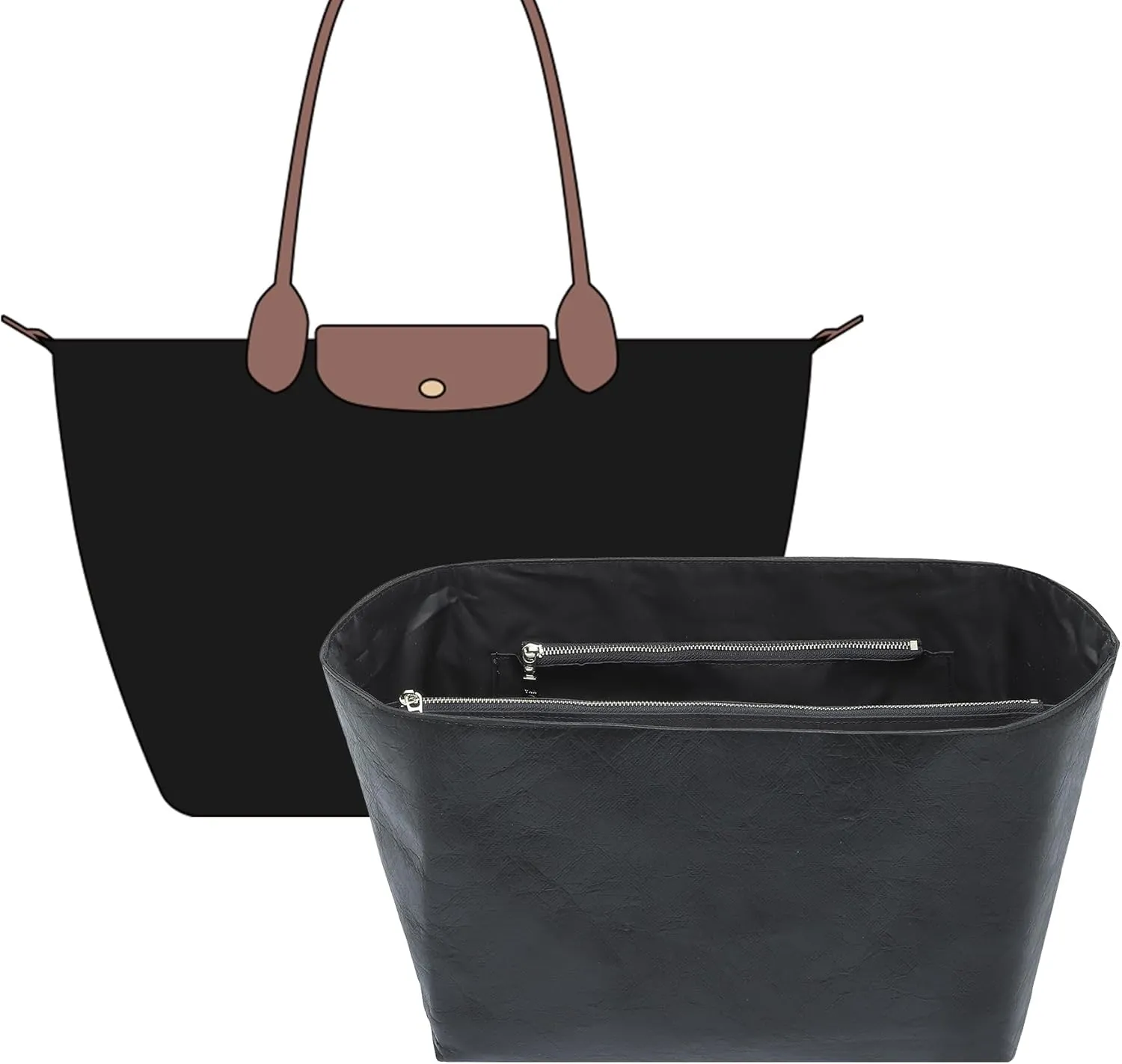 New DupontPaper Purse Organizer Insert Compatible with Longchamp Le Pliage Large Tote Handbag Insert (Full Black, Large)