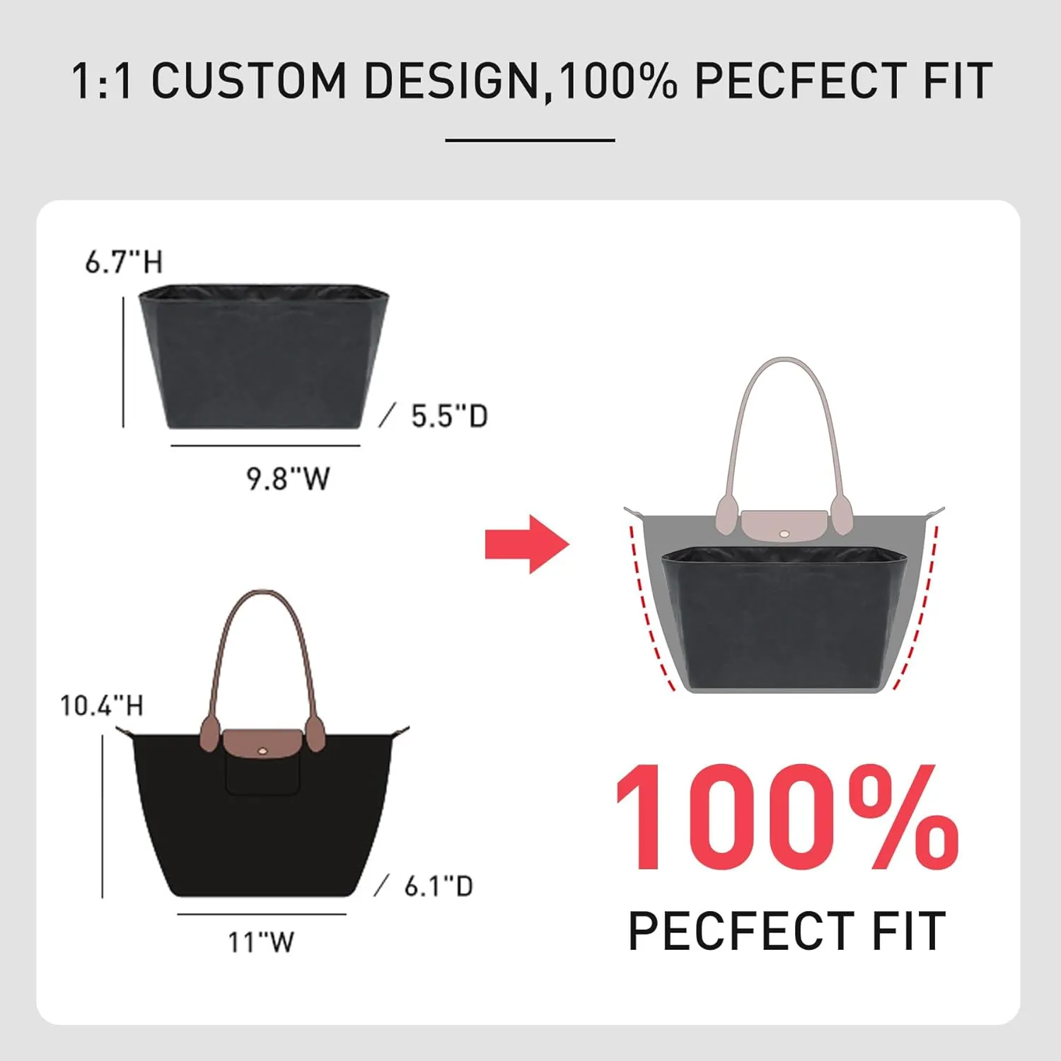 New DupontPaper Purse Organizer Insert Compatible with Longchamp Le Pliage Large Tote Handbag Insert (Full Black, Large)
