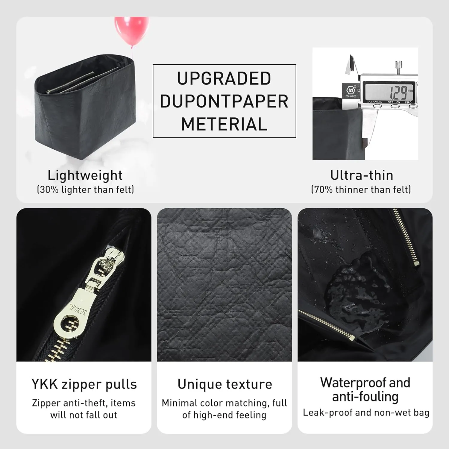 New DupontPaper Purse Organizer Insert Compatible with Longchamp Le Pliage Medium Tote Handbag Insert (Full Black, Small)