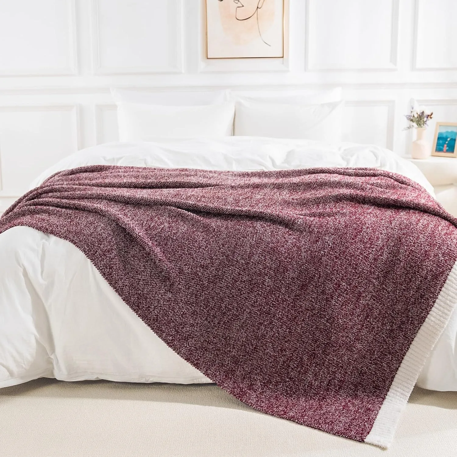 NEXHOME PRO Soft Throw Blankets for Couch, Reversible Warm Blankets Cozy Knit Blanket for Women, Fuzzy Plush Lightweight Throws for Sofa, Bed, Picnic, Wine 50 x 60 inches