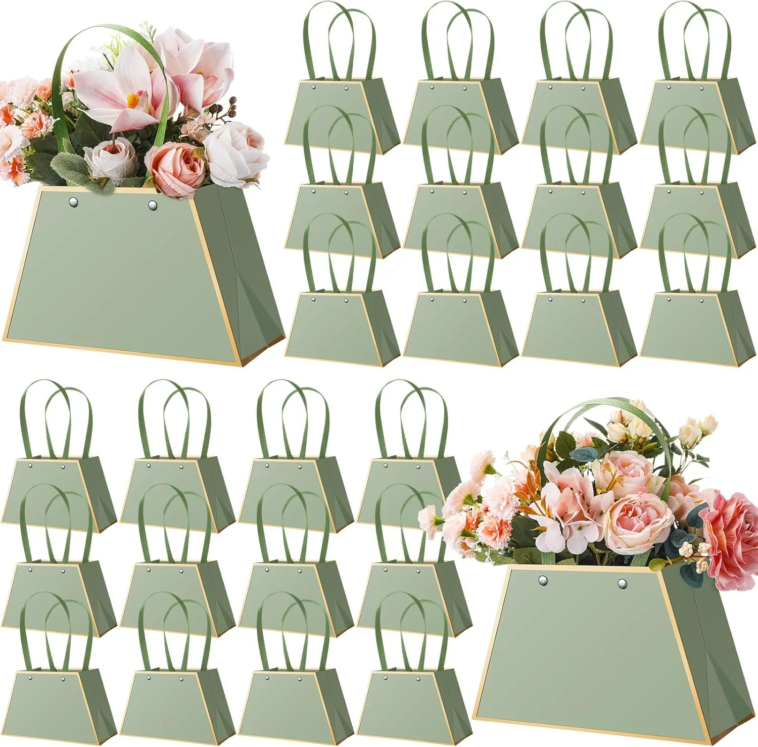 Noveread 24 Pcs Mothers Day Floral Bouquet Bags Bulk Wedding Portable Flower Wrapping Paper Gift Boxes for Arrangement with Handle Waterproof Florist Supplies for Mothers Women Anniversary(Sage Green)