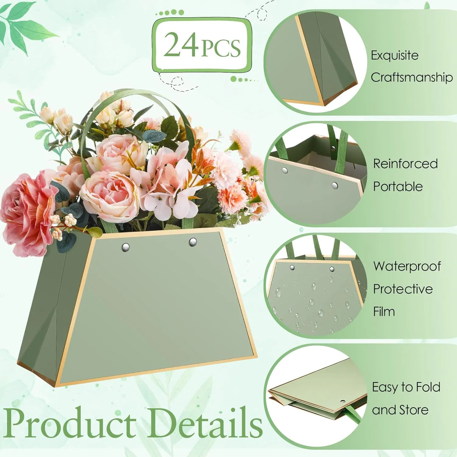 Noveread 24 Pcs Mothers Day Floral Bouquet Bags Bulk Wedding Portable Flower Wrapping Paper Gift Boxes for Arrangement with Handle Waterproof Florist Supplies for Mothers Women Anniversary(Sage Green)
