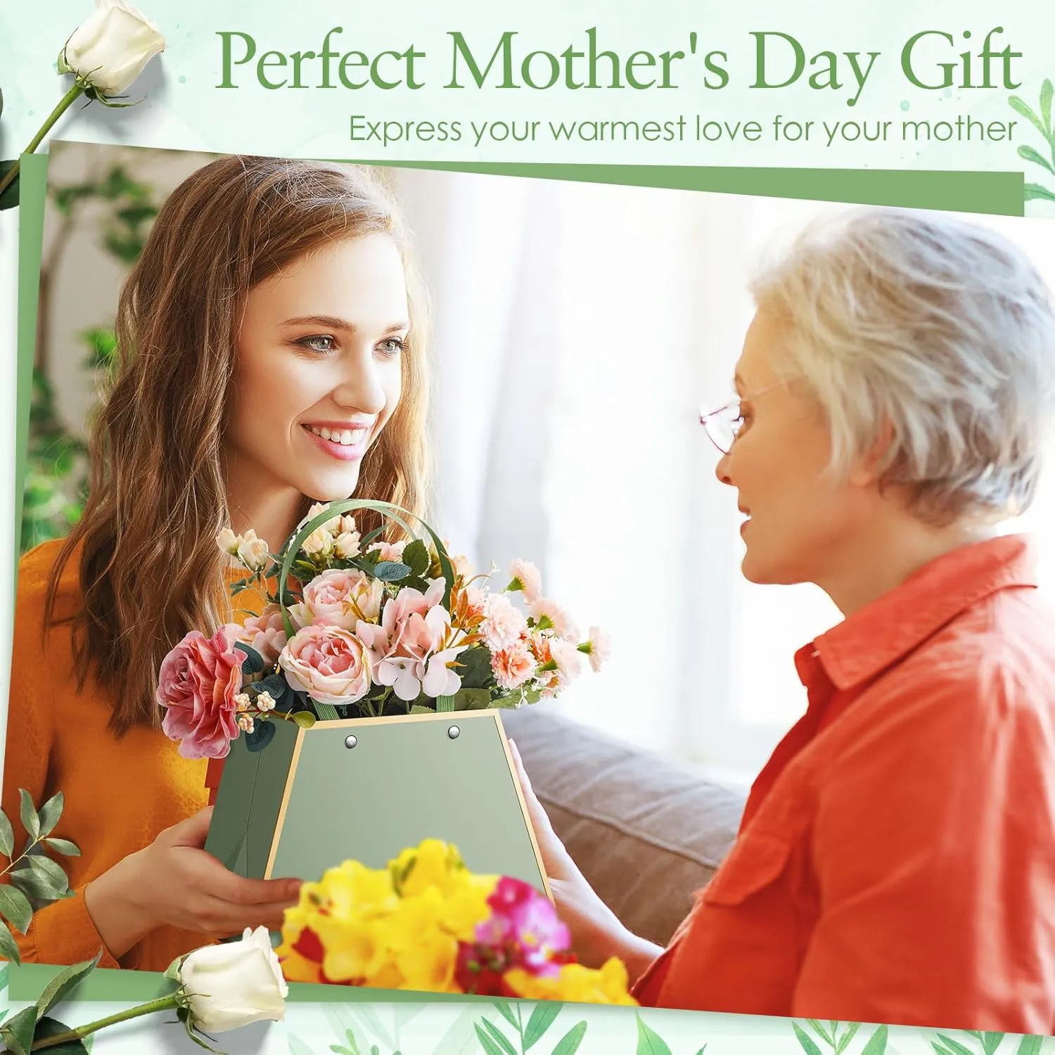 Noveread 24 Pcs Mothers Day Floral Bouquet Bags Bulk Wedding Portable Flower Wrapping Paper Gift Boxes for Arrangement with Handle Waterproof Florist Supplies for Mothers Women Anniversary(Sage Green)