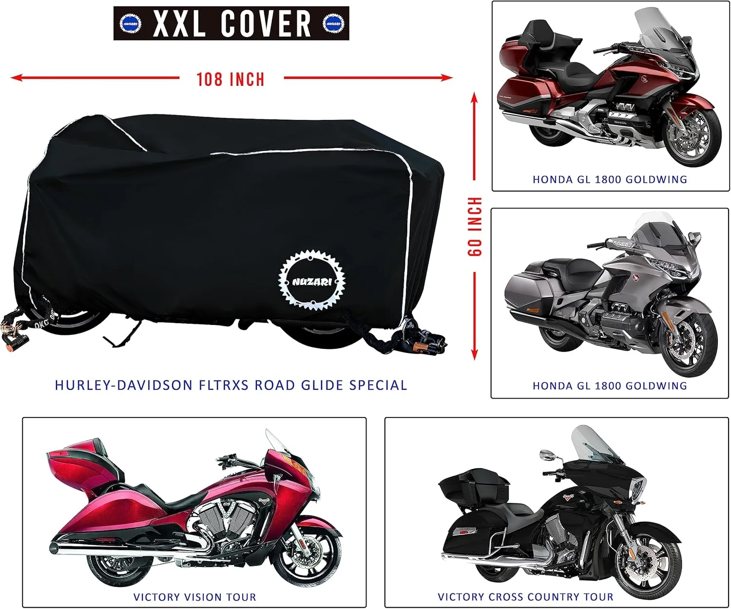 Nuzari Heavy Duty Motorcycle Cover - Motorcycle Covers Waterproof Outdoor Storage - Motorcycle Cover Waterproof Outdoor - Dirt Bike Covers (Black, XX-Large)