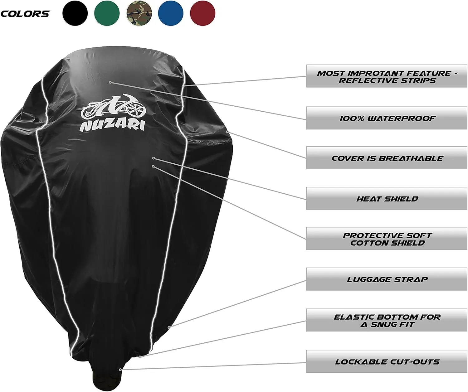 Nuzari Heavy Duty Motorcycle Cover - Motorcycle Covers Waterproof Outdoor Storage - Motorcycle Cover Waterproof Outdoor - Dirt Bike Covers (Black, XX-Large)