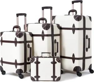 NZBZ Vintage Luggage Sets for Women, PU Leather Retro Suitcase, Vintage Trunk Luggage, Vintage Suitcase Set 4-Piece-Set (White, 14", 20", 24" &28")
