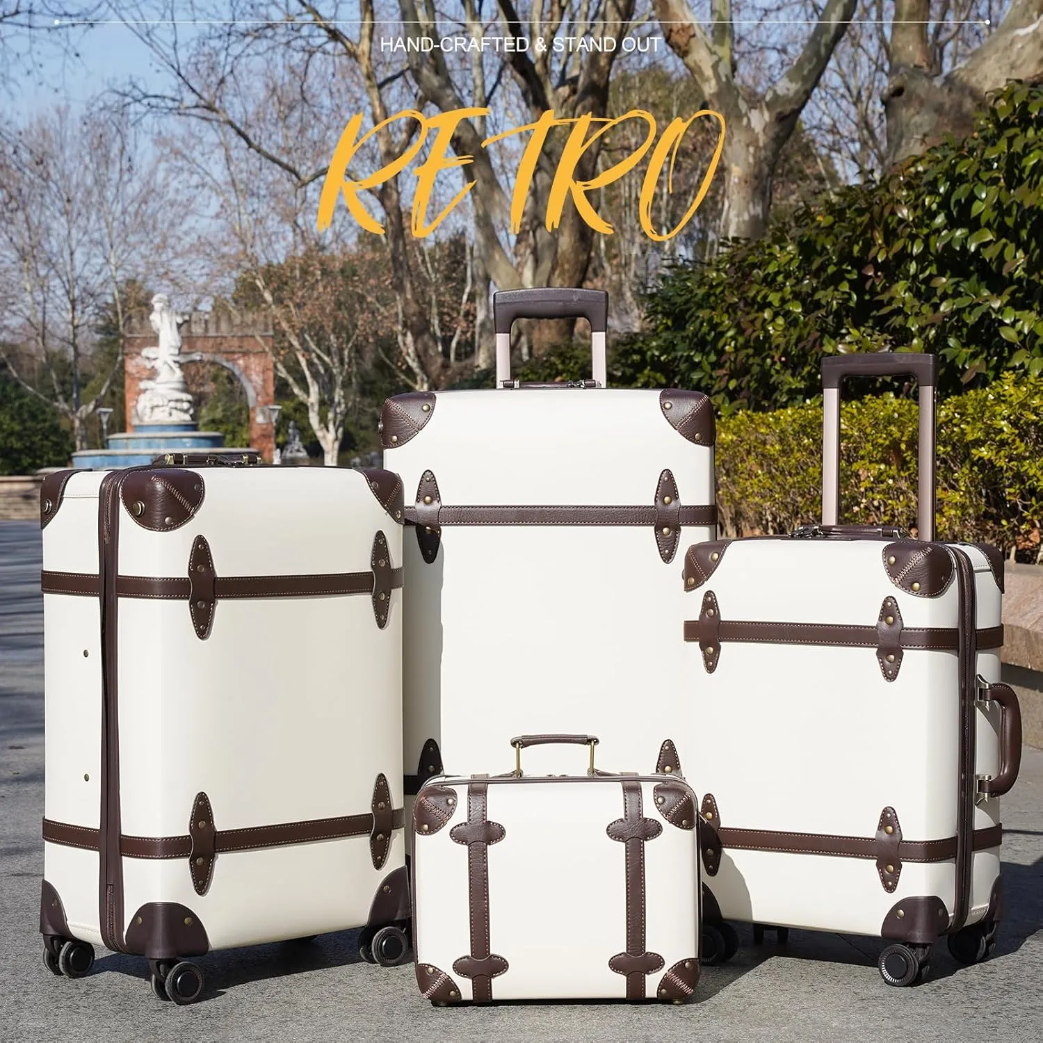 NZBZ Vintage Luggage Sets for Women, PU Leather Retro Suitcase, Vintage Trunk Luggage, Vintage Suitcase Set 4-Piece-Set (White, 14", 20", 24" &28")