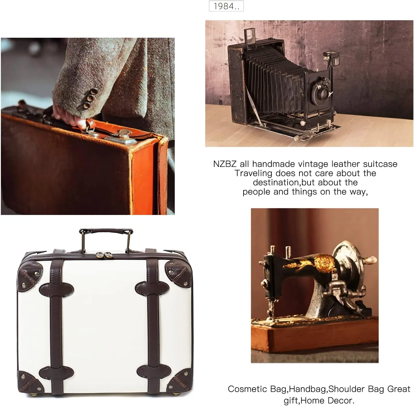 NZBZ Vintage Luggage Sets for Women, PU Leather Retro Suitcase, Vintage Trunk Luggage, Vintage Suitcase Set 4-Piece-Set (White, 14", 20", 24" &28")