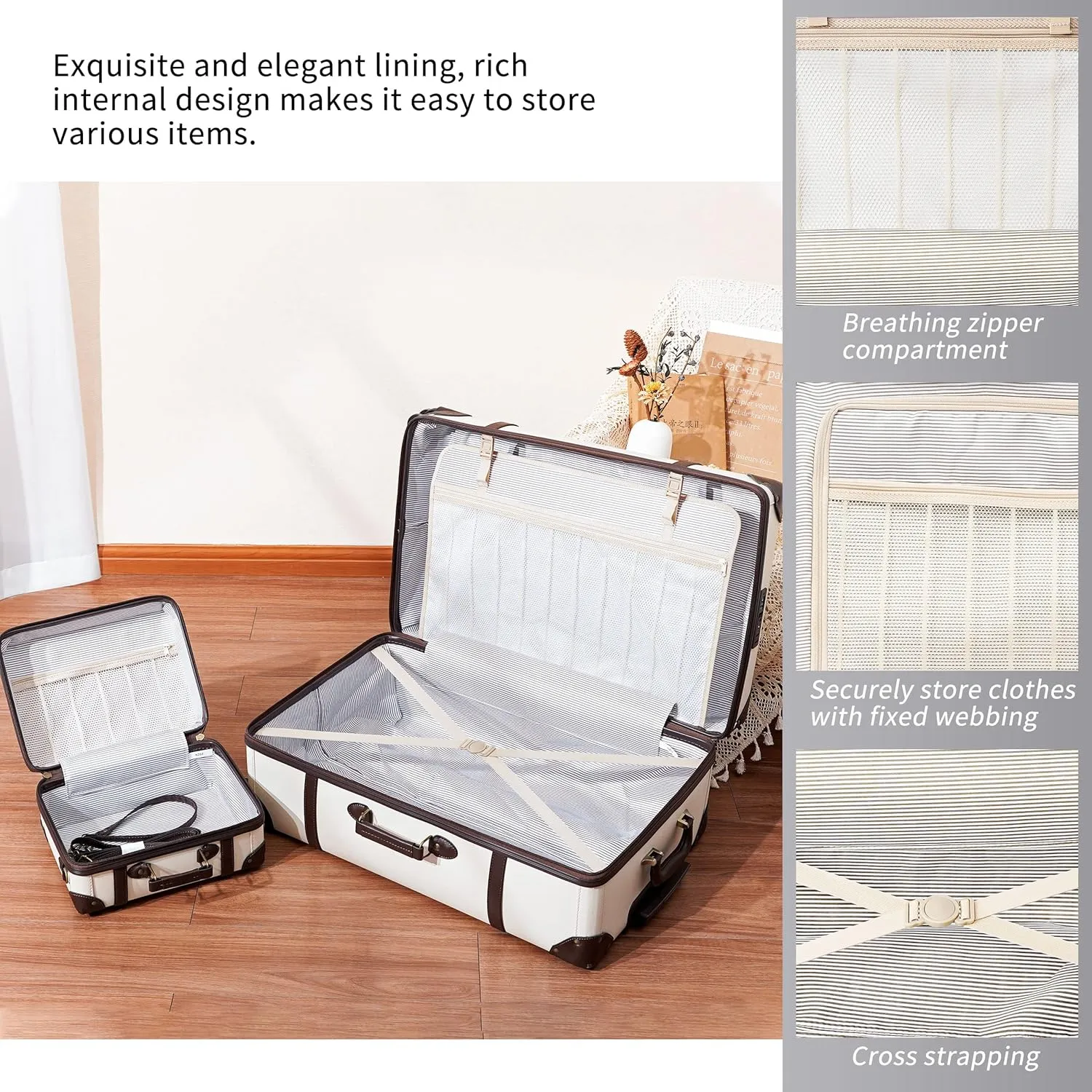 NZBZ Vintage Luggage Sets for Women, PU Leather Retro Suitcase, Vintage Trunk Luggage, Vintage Suitcase Set 4-Piece-Set (White, 14", 20", 24" &28")