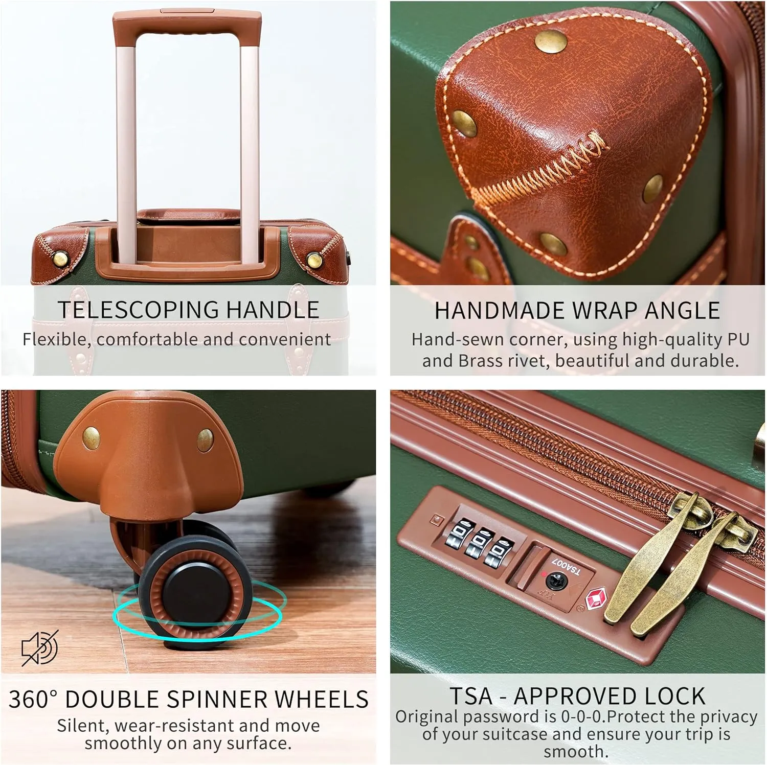 NZBZ Vintage Luggage Sets for Women, PU Leather Retro Suitcase, Vintage Trunk Luggage, Vintage Suitcase Set (Dark Green, 4-Piece-Set(14/20/24/28))