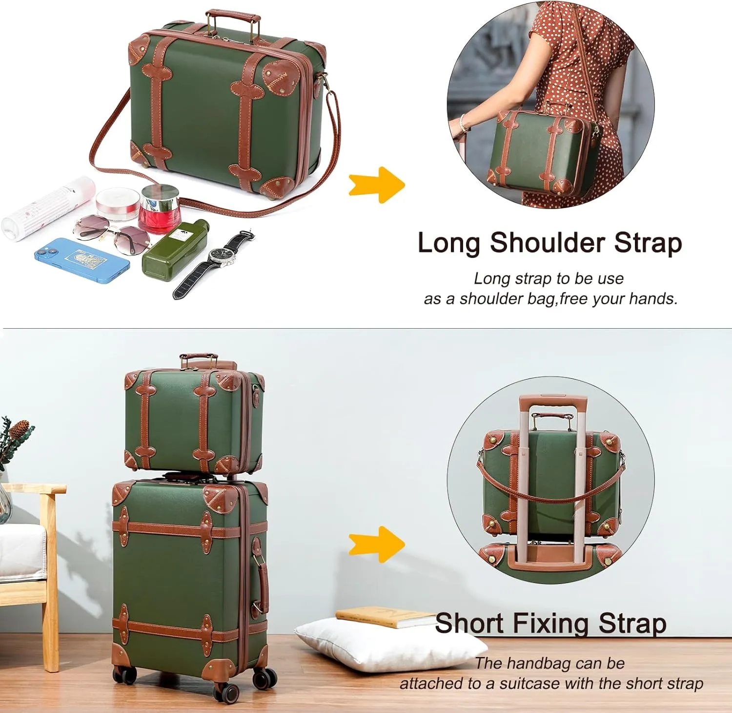 NZBZ Vintage Luggage Sets for Women, PU Leather Retro Suitcase, Vintage Trunk Luggage, Vintage Suitcase Set (Dark Green, 4-Piece-Set(14/20/24/28))