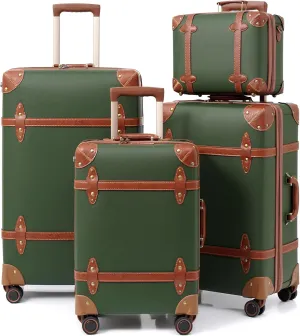 NZBZ Vintage Luggage Sets for Women, PU Leather Retro Suitcase, Vintage Trunk Luggage, Vintage Suitcase Set (Dark Green, 4-Piece-Set(14/20/24/28))