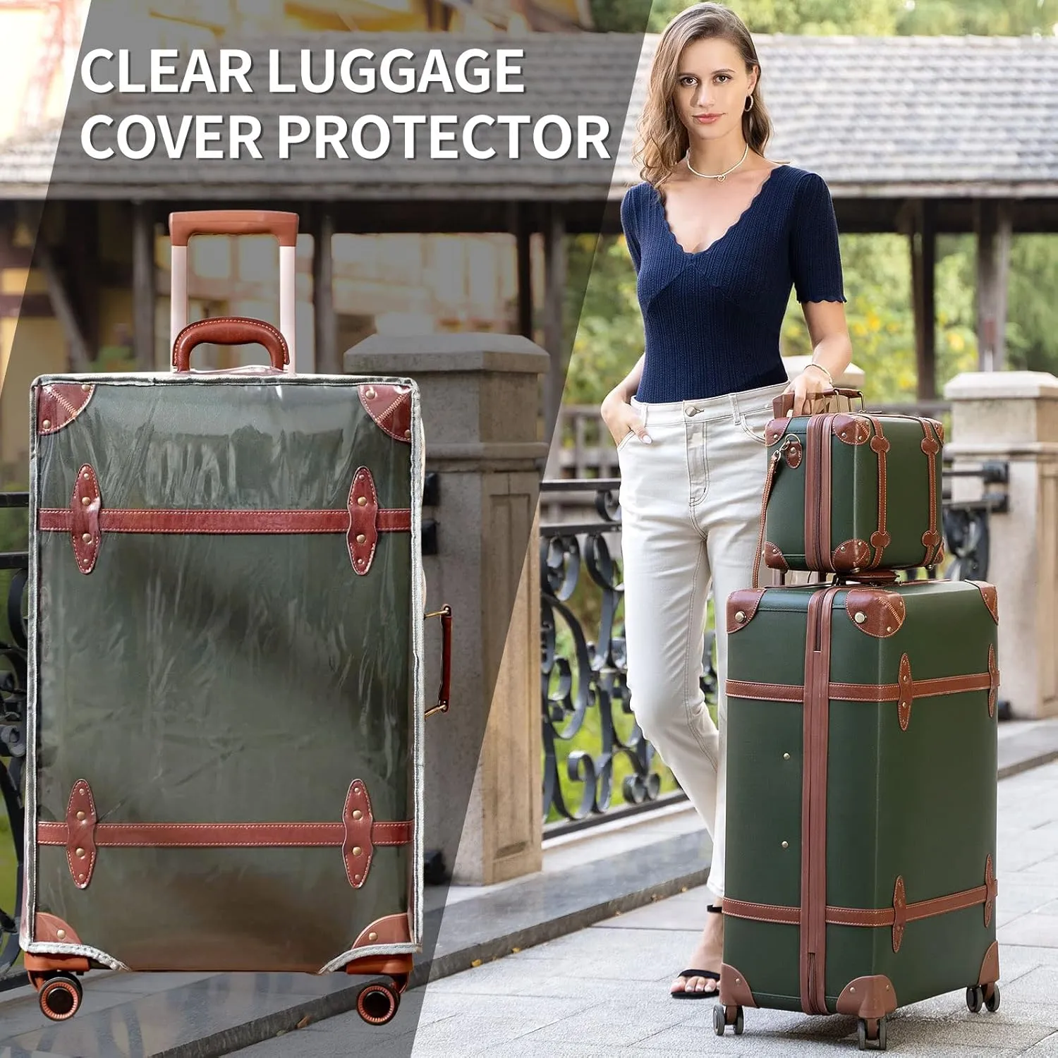 NZBZ Vintage Luggage Sets for Women, PU Leather Retro Suitcase, Vintage Trunk Luggage, Vintage Suitcase Set (Dark Green, 4-Piece-Set(14/20/24/28))