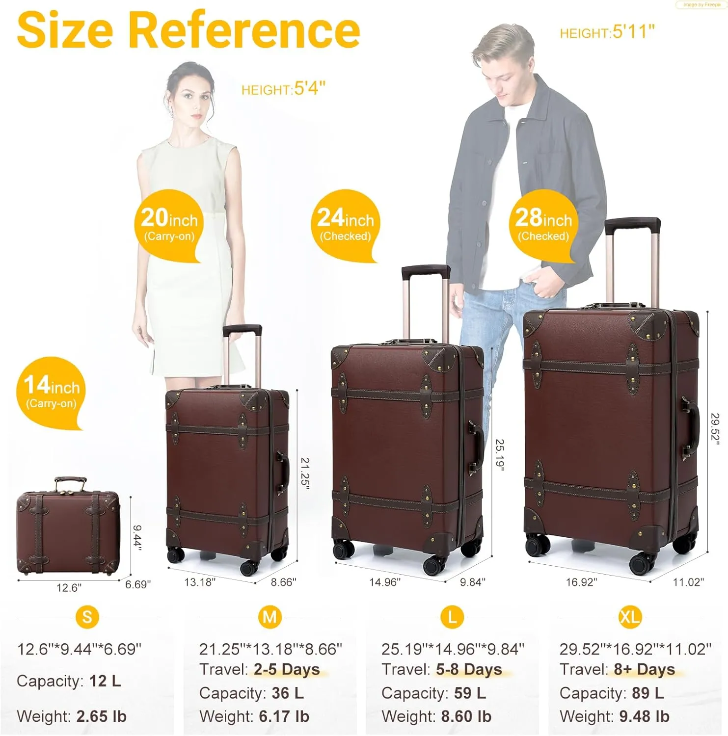 NZBZ Vintage Luggage Sets of 2, Vintage Suitcase Set for Women and Men, Cute Retro Luggage Sets Vintage Handmade Zipper Retro Trunk Luggage (Caramel Brown, 14inch & 28inch)