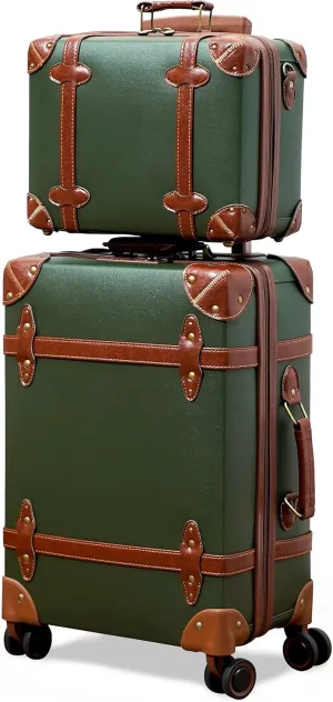 NZBZ Vintage Luggage Sets of 2, Vintage Suitcase Set for Women and Men, Cute Retro Luggage Sets Vintage Handmade Zipper Retro Trunk Luggage (Green, 14inch & 28inch)