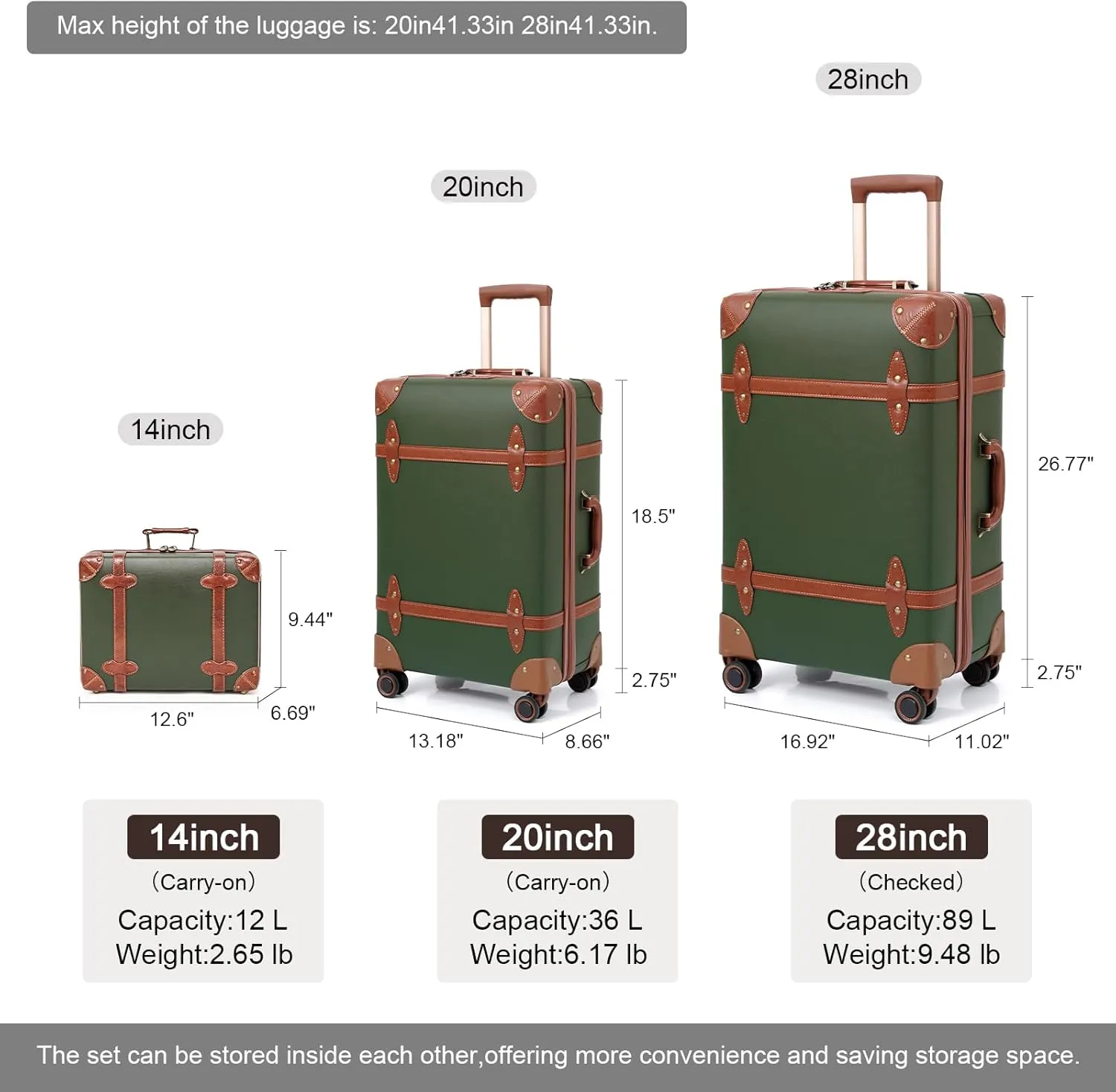 NZBZ Vintage Luggage Sets of 2, Vintage Suitcase Set for Women and Men, Cute Retro Luggage Sets Vintage Handmade Zipper Retro Trunk Luggage (Green, 14inch & 28inch)