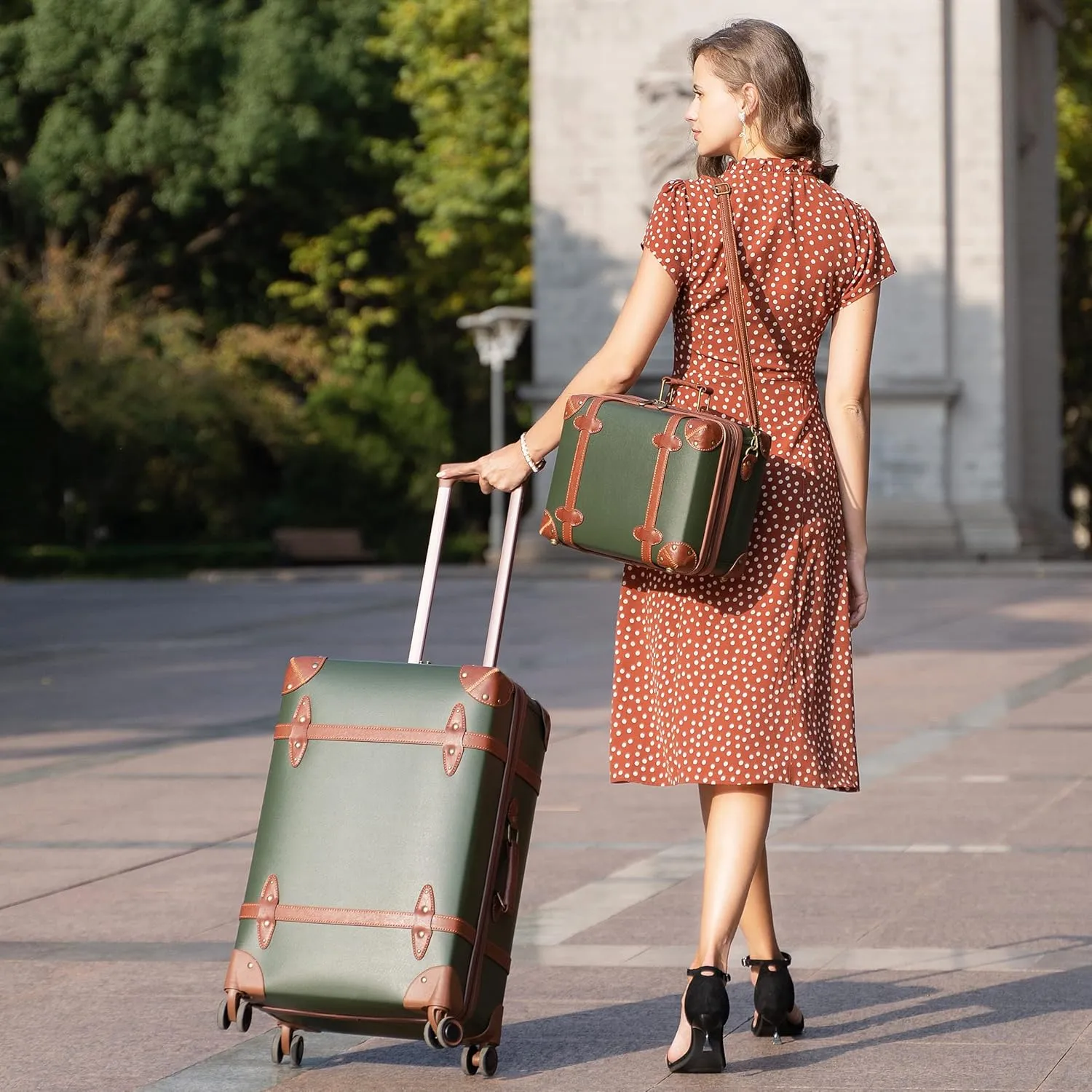 NZBZ Vintage Luggage Sets of 2, Vintage Suitcase Set for Women and Men, Cute Retro Luggage Sets Vintage Handmade Zipper Retro Trunk Luggage (Green, 14inch & 28inch)