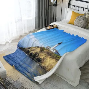 Ocean Landscape Fleece Blanket, Throw Blanket for Couch Sofa Bed, Lightweight Soft Cozy Warm Flannel Fuzzy Blankets for Camping Picnic Travel, Cliff Lighthouse Print, 50"x60"