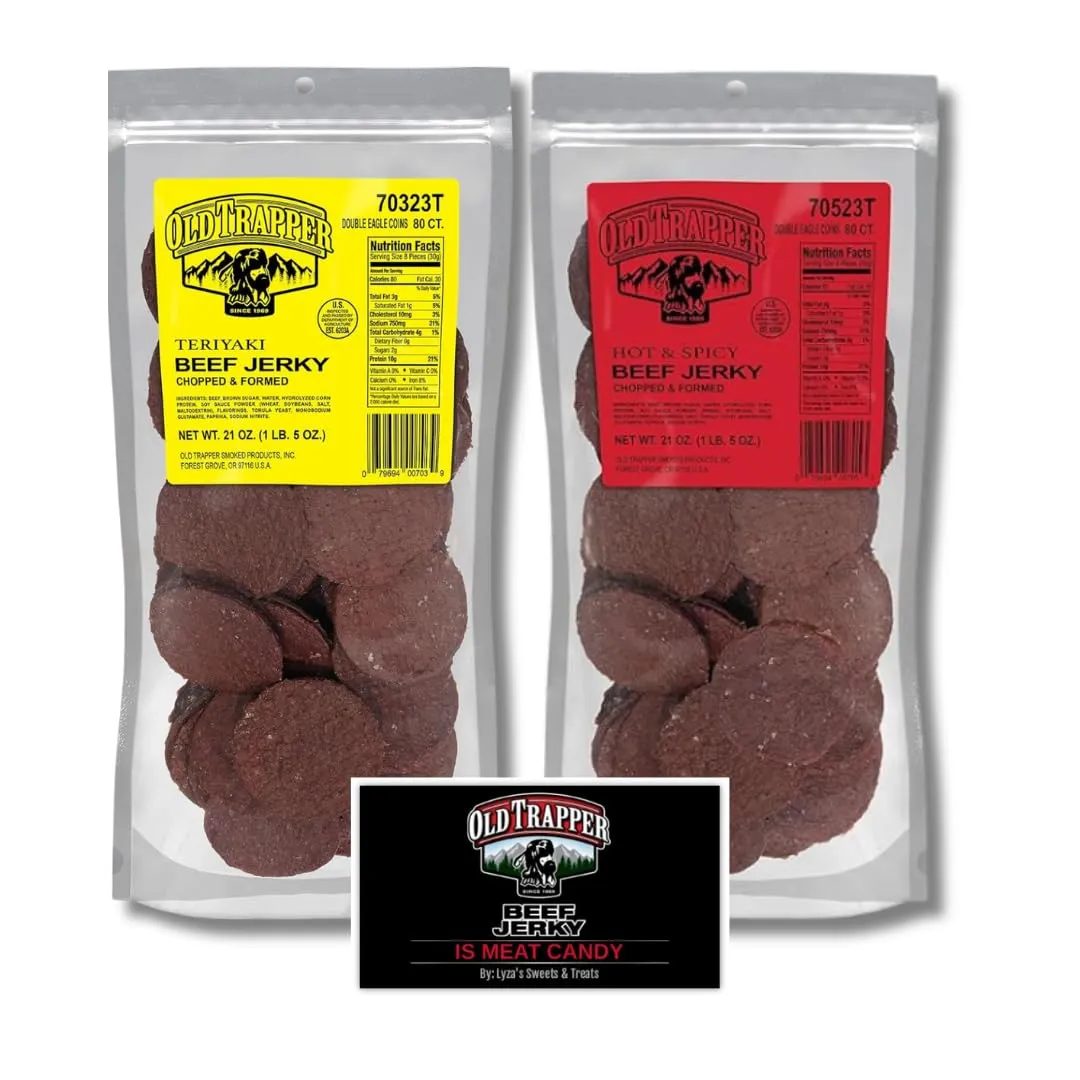 Old Trapper Double Eagle Beef Jerky Gift Set - Teriyaki & Spicy - Variety Pack of 2, 21 Oz. Bags (80 Pieces Per Bag) with Bonus Old Trapper Magnet by Lyza's Sweets & Treats