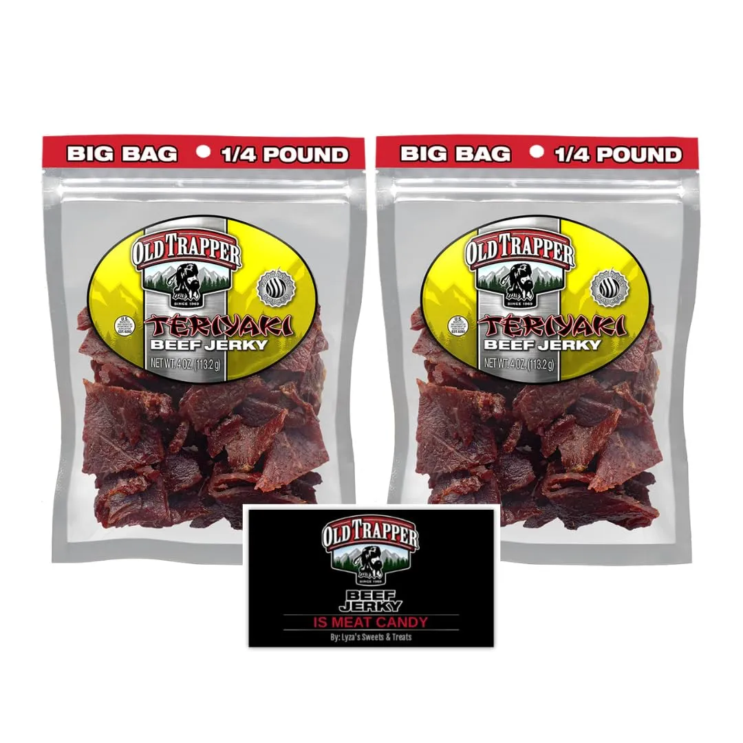 Old Trapper Teriyaki Beef Jerky Gift Set, Traditional Style Real Wood Smoked Beef Jerky, Made from 100% Top Round Steaks, Pack of 2, 4 oz. Resealable Bags With Bonus Old Trapper Magnet by Lyza's Sweets & Treats