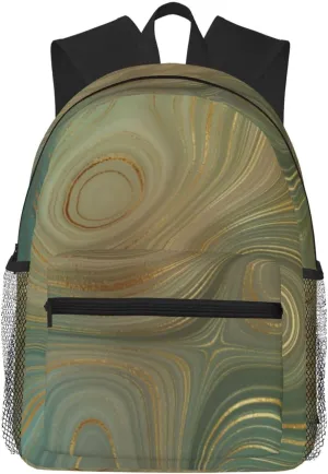 Olive Strata Earthy Green And Gold Ink Agate Lightweight Packable Backpack Travel Casual Classic Durable Foldable Backpack For Men Women