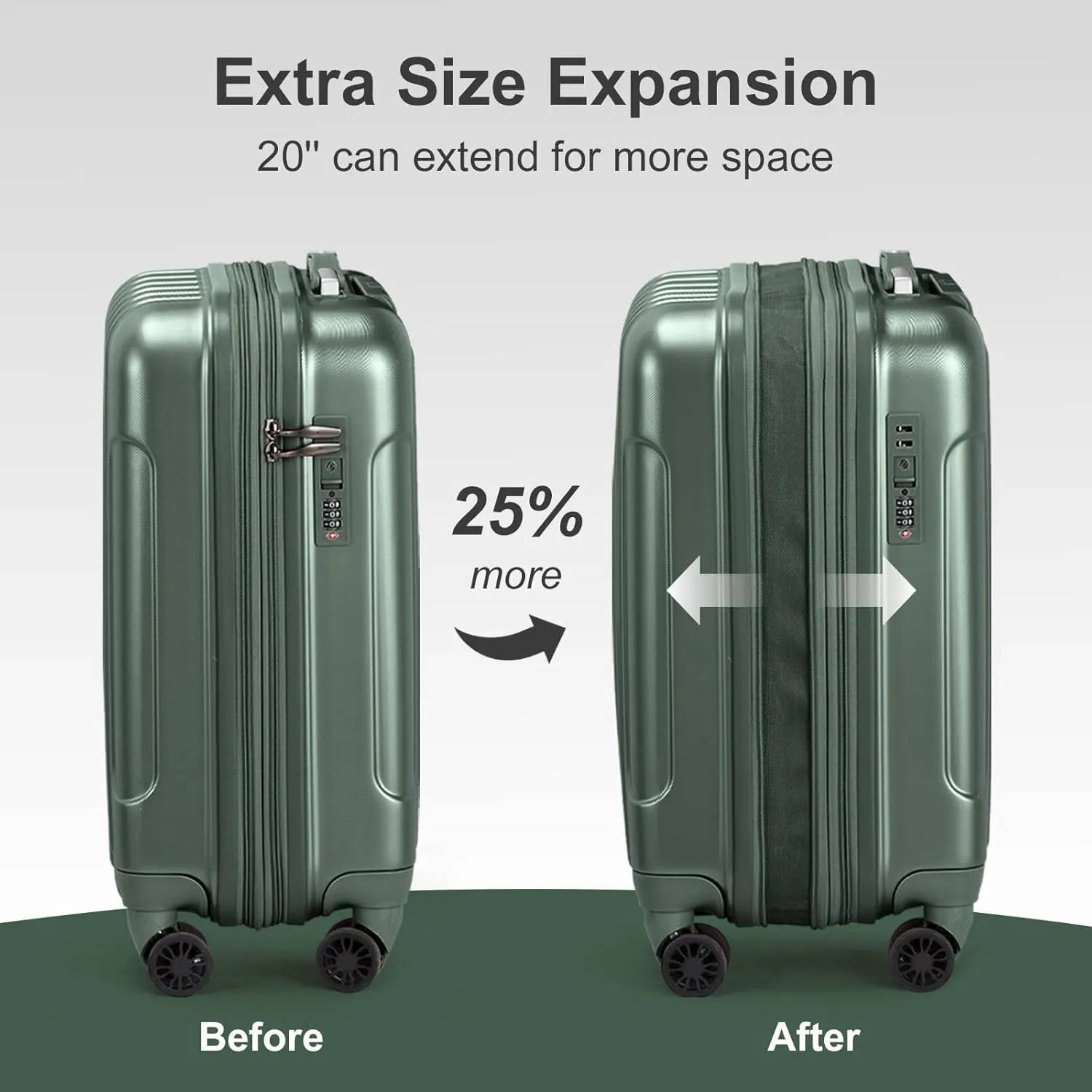 OmySalon Luggage Sets 2 Pieces Airline Approved, 14'' Carry-On Suitcase & 20'' PC ABS Hardshell Luggage w/ 360° Spinner Silent Wheels, TSA Lock, Expandable Lightweight Suitcase Sets (Dark Green)