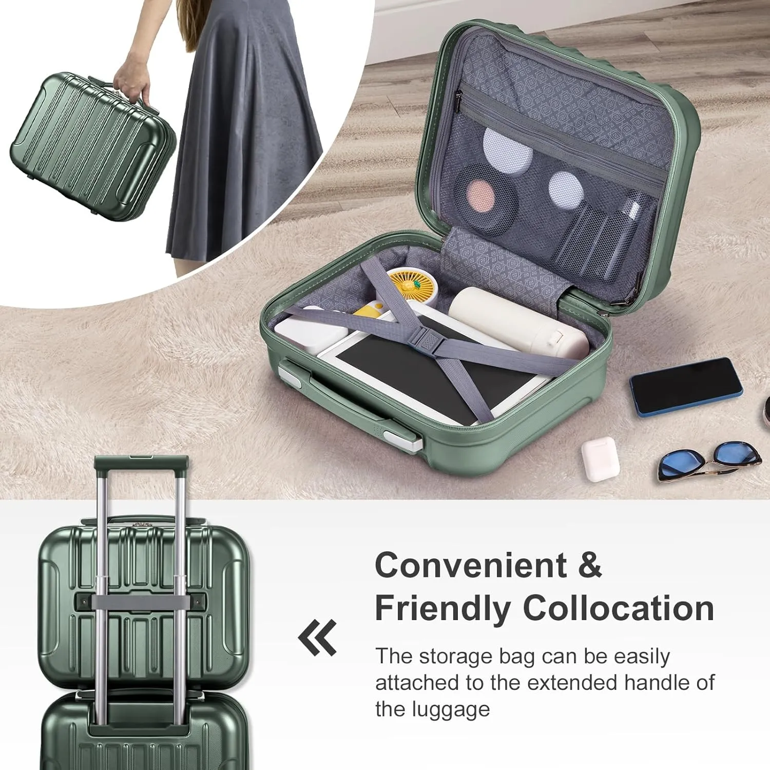 OmySalon Luggage Sets 2 Pieces Airline Approved, 14'' Carry-On Suitcase & 20'' PC ABS Hardshell Luggage w/ 360° Spinner Silent Wheels, TSA Lock, Expandable Lightweight Suitcase Sets (Dark Green)