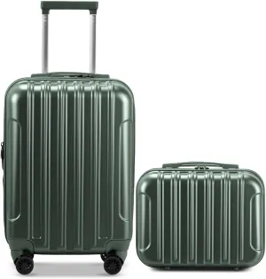 OmySalon Luggage Sets 2 Pieces Airline Approved, 14'' Carry-On Suitcase & 20'' PC ABS Hardshell Luggage w/ 360° Spinner Silent Wheels, TSA Lock, Expandable Lightweight Suitcase Sets (Dark Green)
