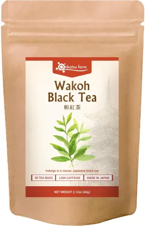 [Onkatsu Farm] Authentic Japanese Wakoh Black Tea - 30 Count Pyramid Tea Bags - Low-Caffeine - Japanese Tea Made In Japan - English Label